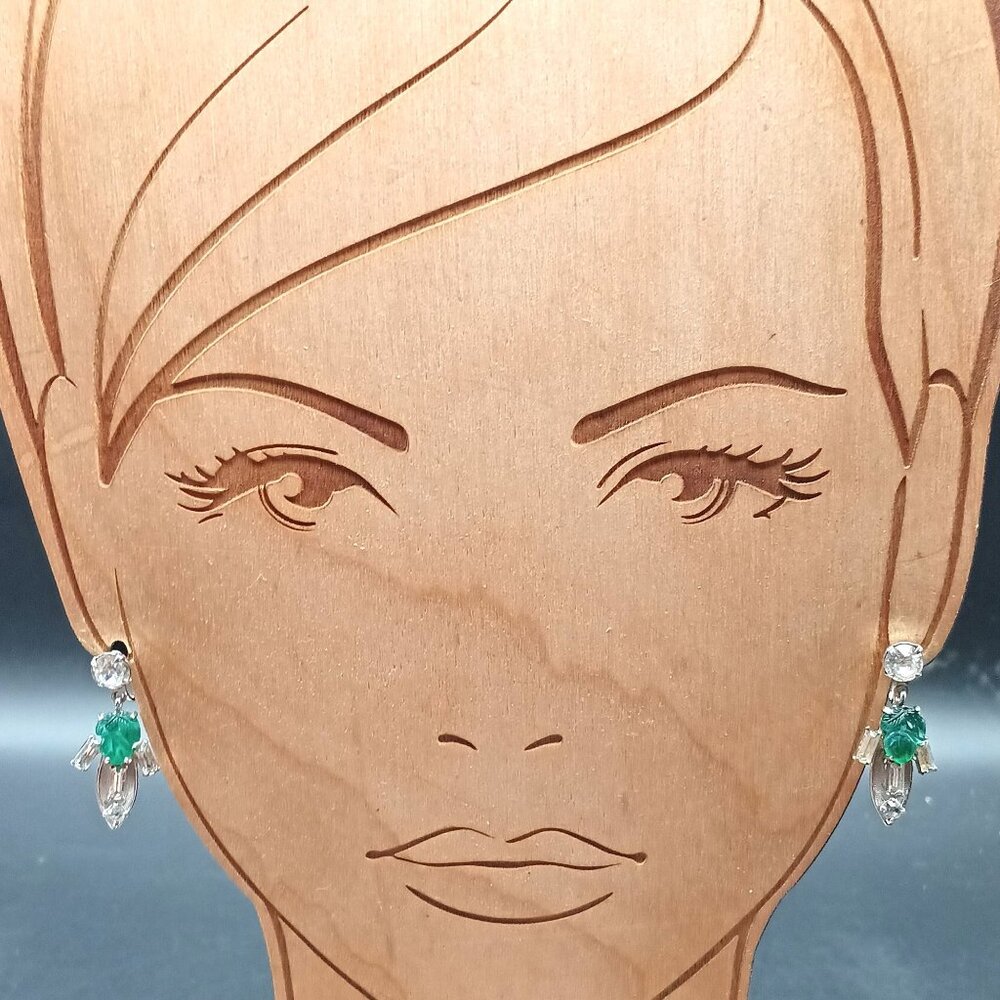 Vintage Emerald and CZ Earrings, Sterling Silver Filigree Screw Back Dangles